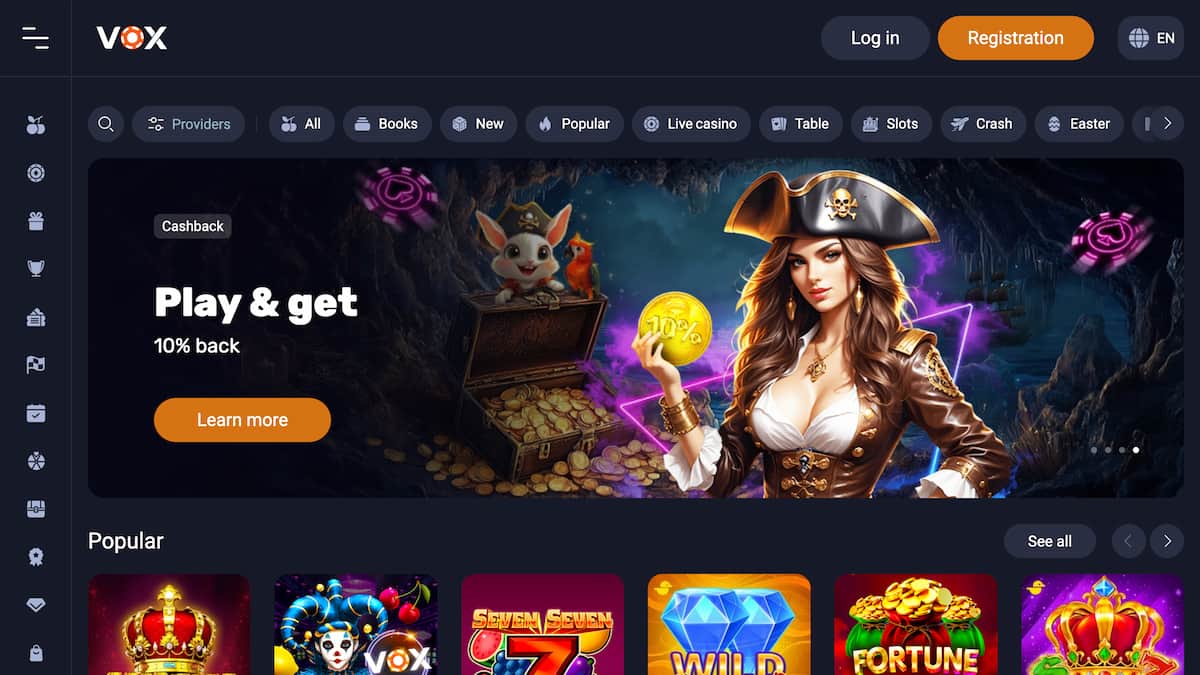 VOX Casino lobby — real money slots and live casino
