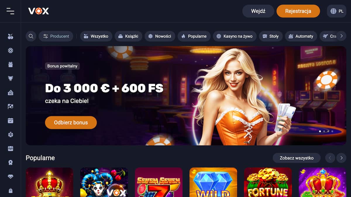 VOX Casino lobby — sloty i kasyno na żywo na prawdziwe pieniądze
